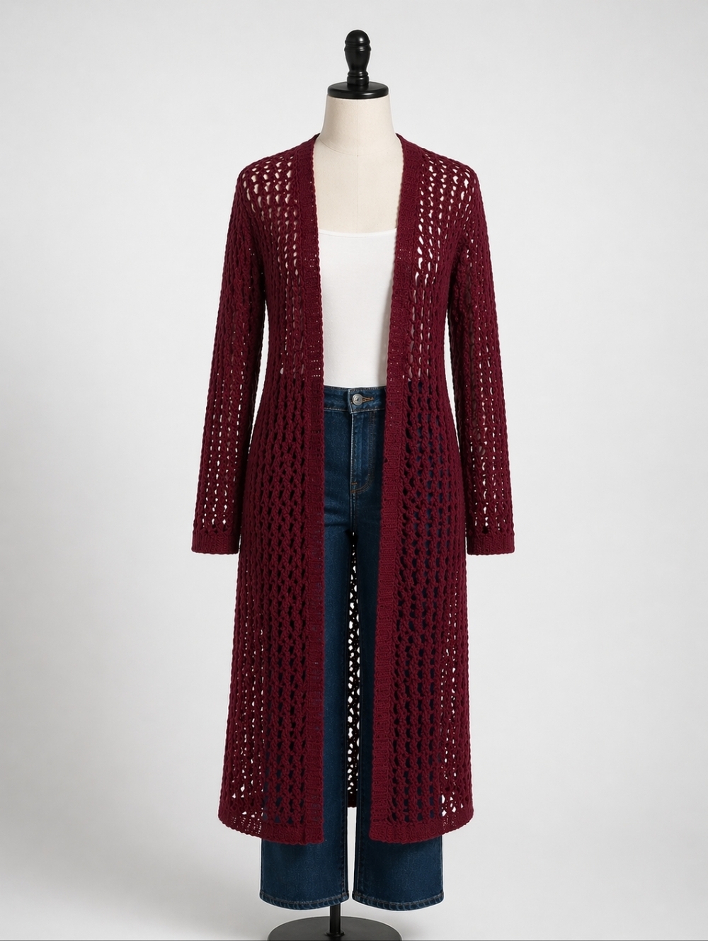Rue21 Burgundy Long Crochet Duster Cardigan Open Knit Boho Lightweight Women’s
